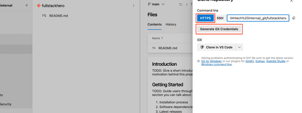 Generate credentails screen azure devops